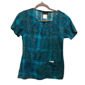 Cherokee Womens Plaid Floral Medical Nursing Scrub Top Sz XS Teal Gold Holiday